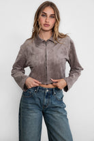 TIC TOC fall fashion suede jacket, featuring functional zippers and collared neckline