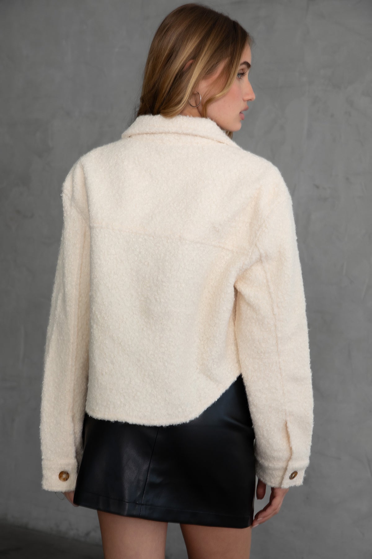 Cozy faux sherpa cropped shacket by TIC TOC, featuring button-up front and collared neckline