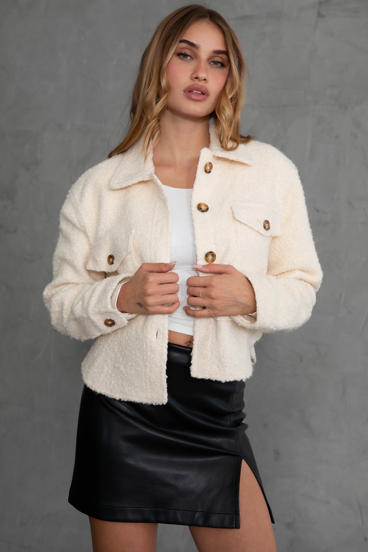 Cozy faux sherpa cropped shacket by TIC TOC, featuring button-up front and collared neckline