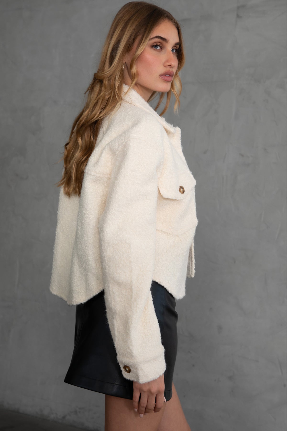 Cozy faux sherpa cropped shacket by TIC TOC, featuring button-up front and collared neckline