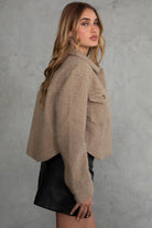 Cozy faux sherpa cropped shacket by TIC TOC, featuring button-up front and collared neckline