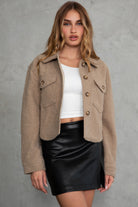 Cozy faux sherpa cropped shacket by TIC TOC, featuring button-up front and collared neckline