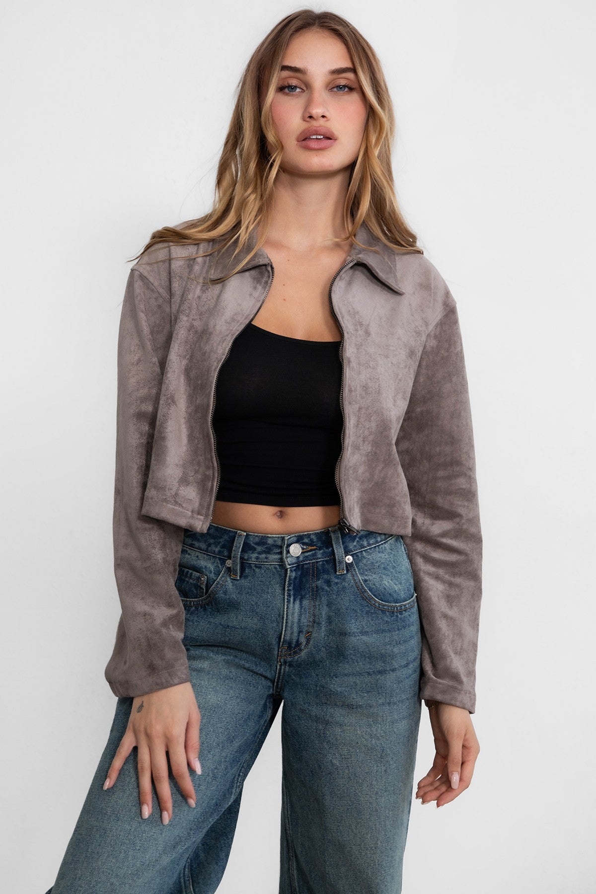 Western-inspired faux suede cropped jacket by TIC TOC in grey