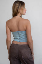 TIC TOC FIERY distressed denim corset top with zipper closure