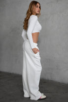 LANI wide-leg joggers in white fleece, featuring elastic waistband and adjustable drawcord