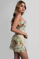 Floral tapestry-inspired strapless corset top by TIC TOC with boned construction