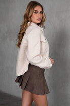 TIC TOC FRAY cropped faux sherpa shacket with double front pockets in oatmeal