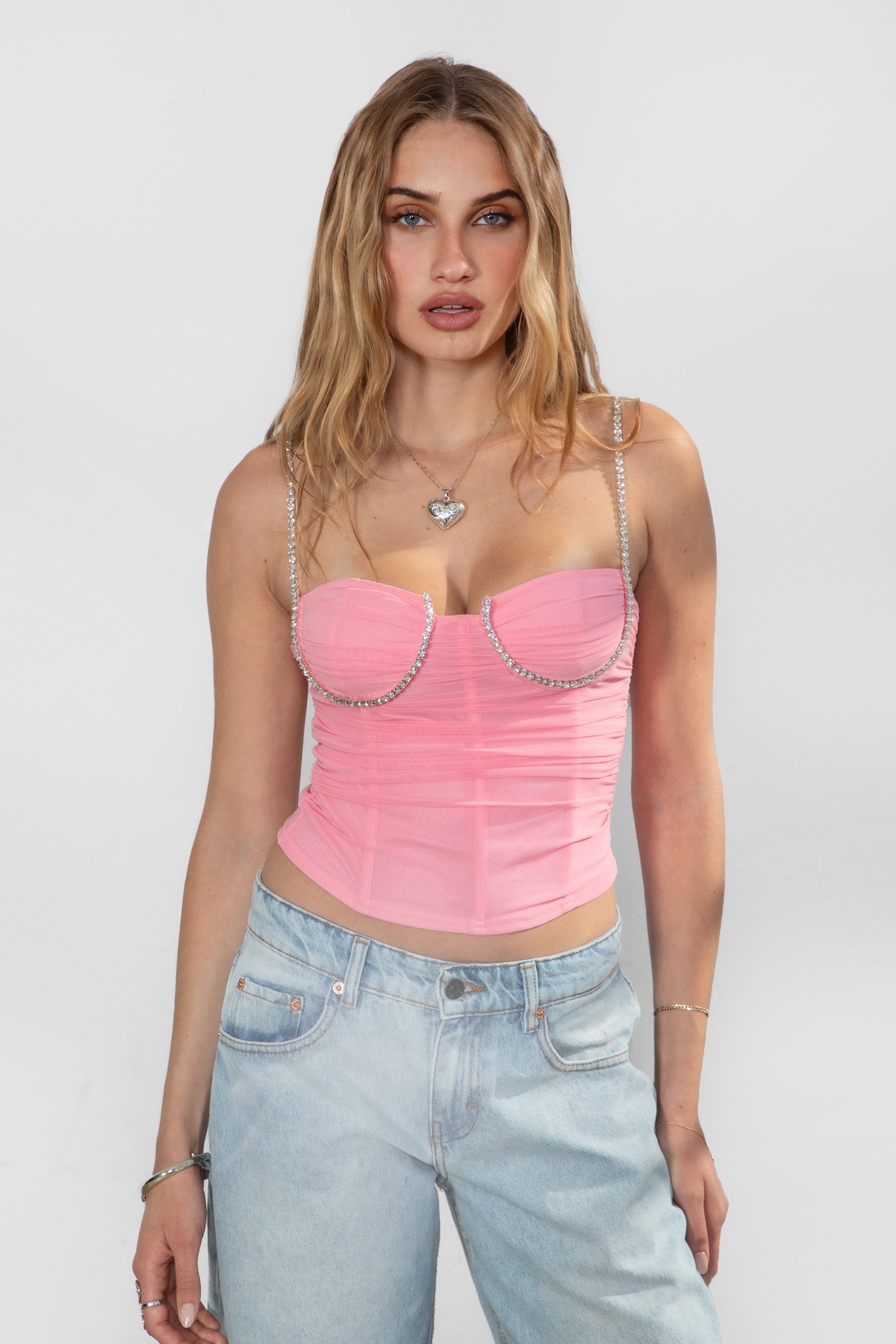 GEM rhinestone-embellished mesh cropped cami top in blush with underwire support