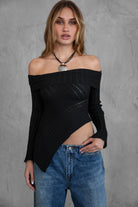 TIC TOC GIINA Ribbed Knit Long Sleeve Top in black, featuring an off-the-shoulder fold-over design