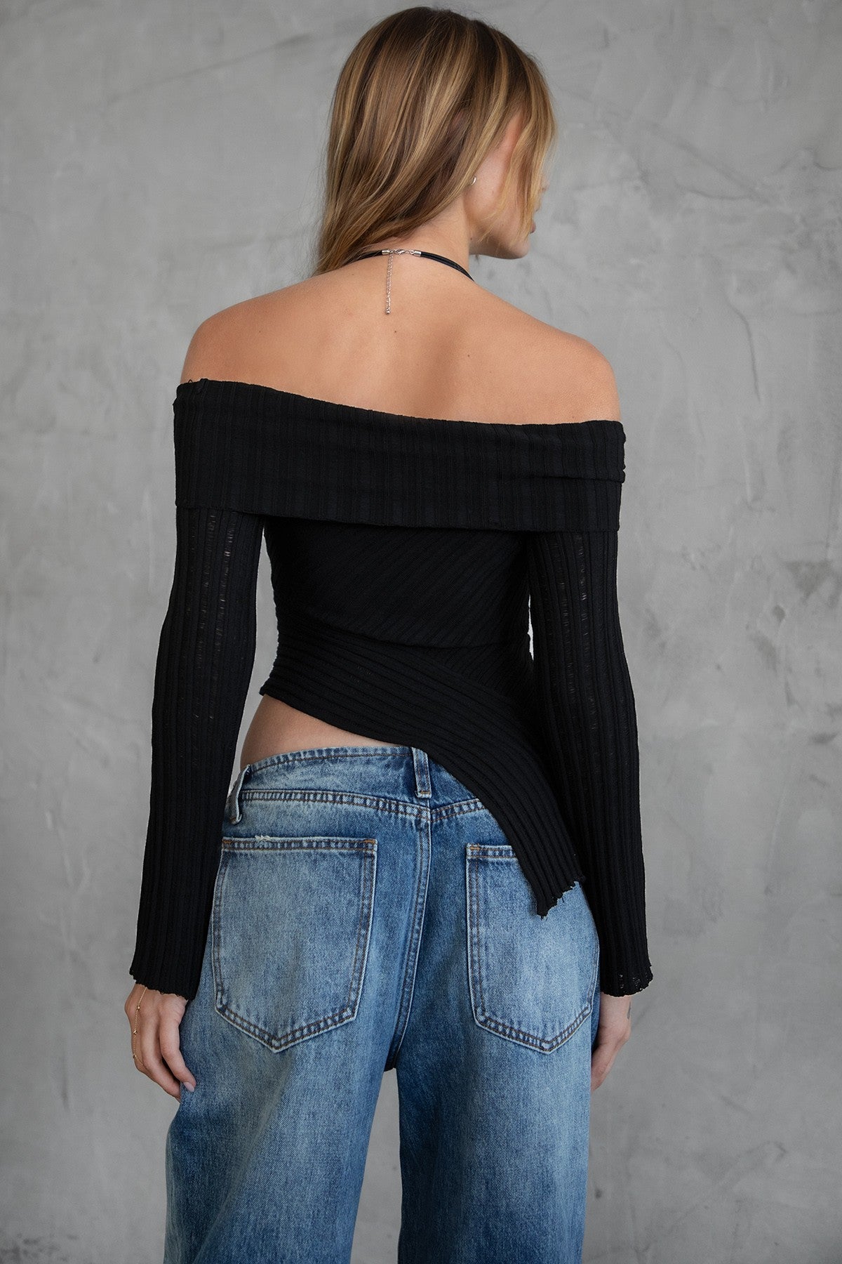 TIC TOC GIINA Ribbed Knit Long Sleeve Top in black, featuring an off-the-shoulder fold-over design