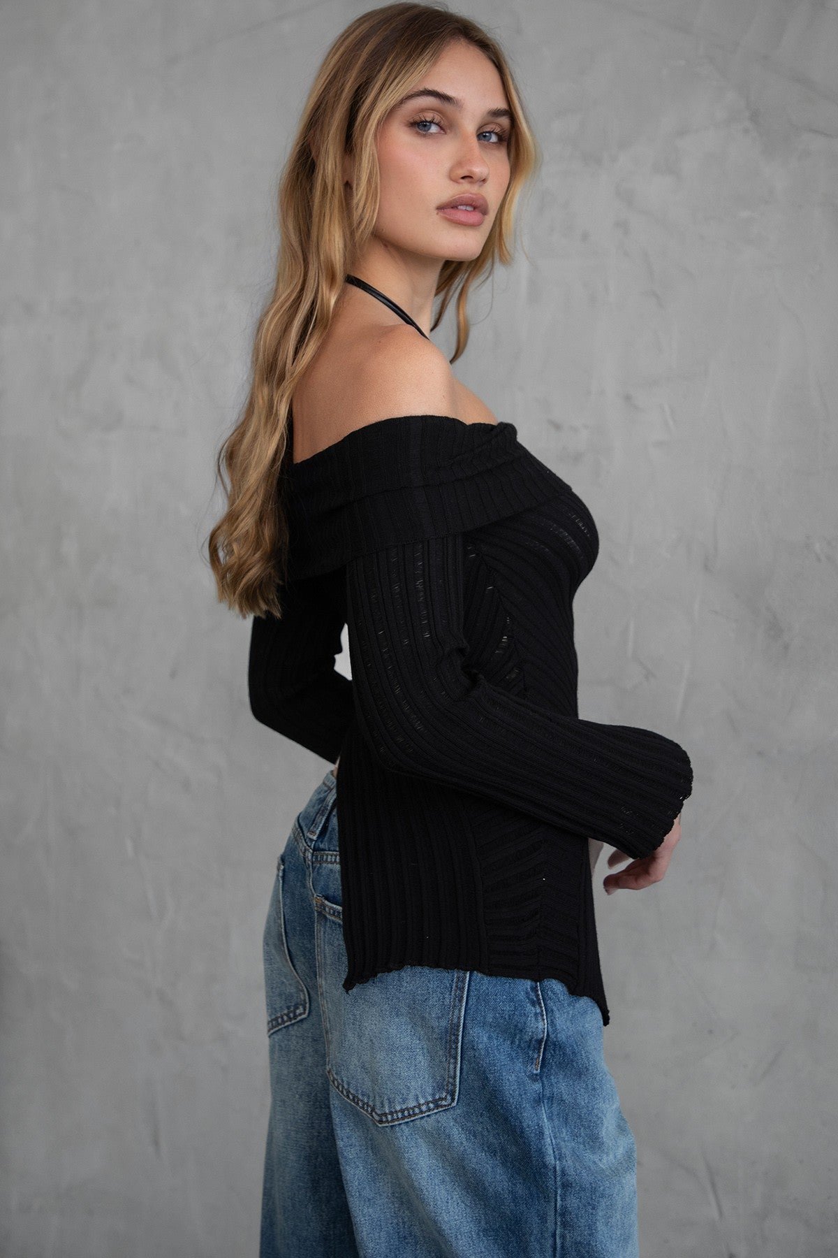 TIC TOC GIINA Ribbed Knit Long Sleeve Top in black, featuring an off-the-shoulder fold-over design