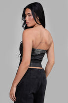 TIC TOC HELEN distressed PU leather corset top in black with strap details and hidden zipper