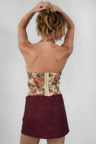 TIC TOC ISARELLA floral tapestry halter corset top with a low neckline and hook-and-eye back closure