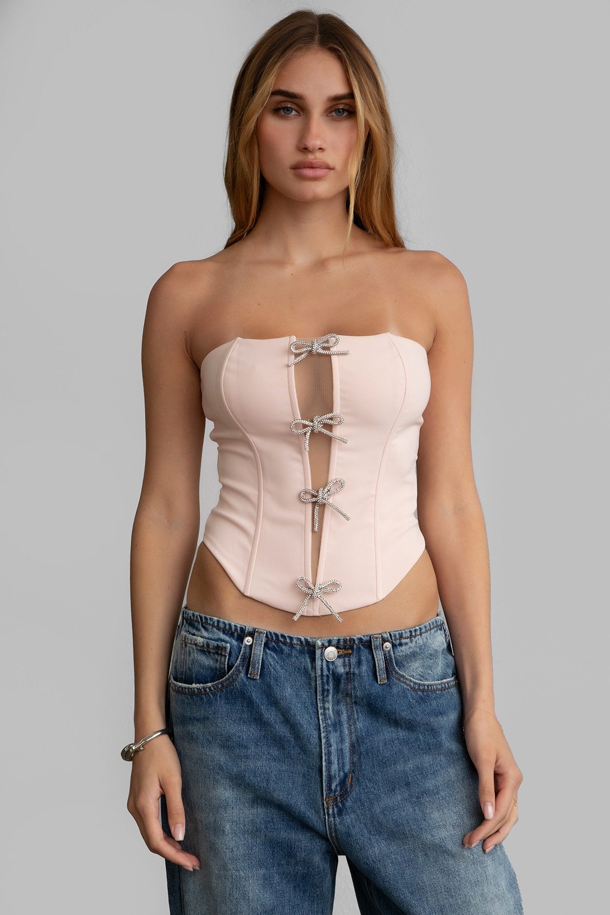 KARMEN strapless bustier top in polished finish with sheer front