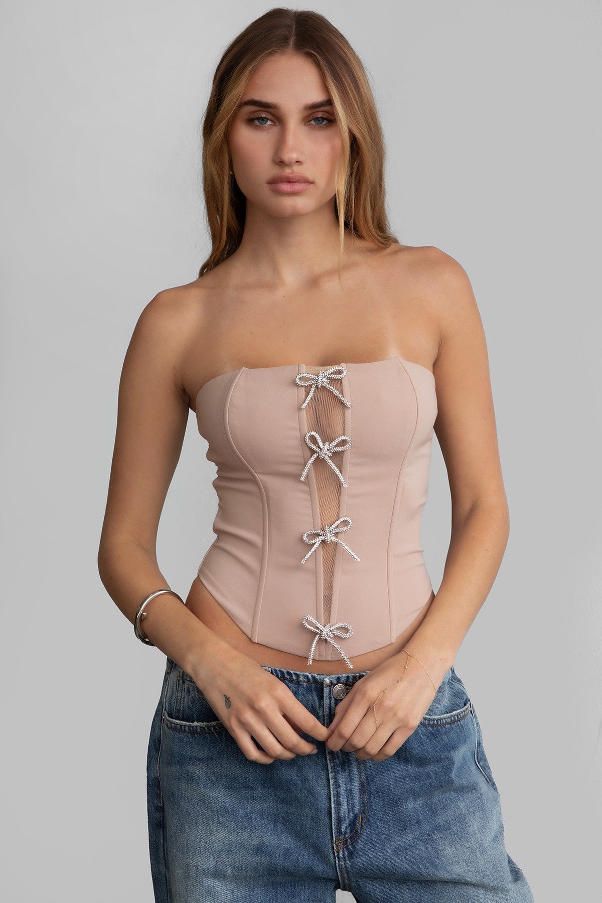 KARMEN strapless bustier top in polished finish with sheer front