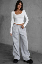 TIC TOC KELSIE fleece wide-leg sweatpants in heather grey with contrast piping