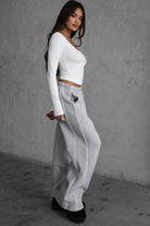 TIC TOC KELSIE fleece wide-leg sweatpants in heather grey with contrast piping