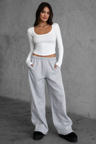 TIC TOC KELSIE fleece wide-leg sweatpants in heather grey with contrast piping