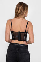 Asymmetrical V-hem rhinestone mesh corset in black