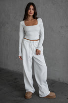 TIC TOC LANI lightweight fleece wide leg sweatpants in heather white with reversible side pockets