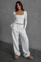 TIC TOC LANI lightweight fleece wide leg sweatpants in heather white with reversible side pockets