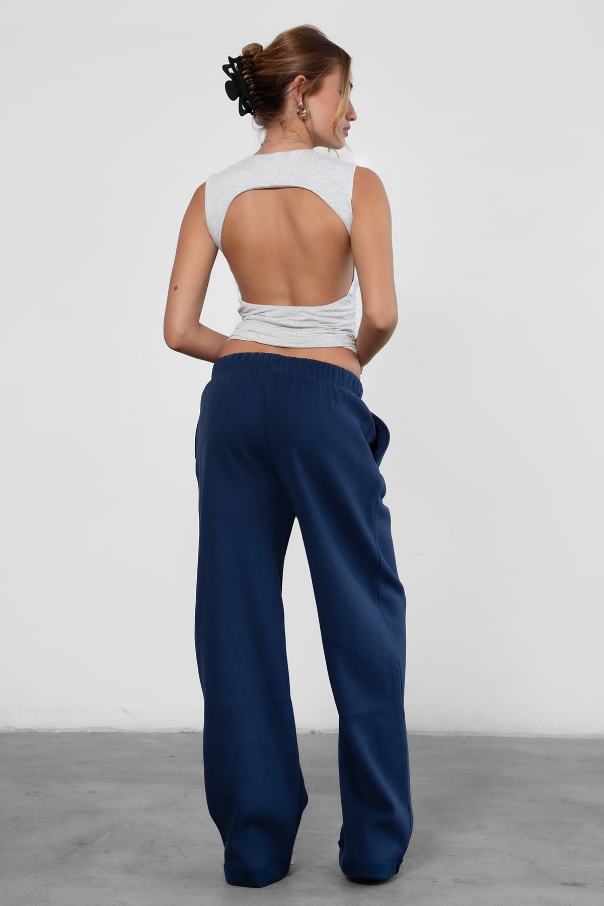 TIC TOC LANI lightweight fleece wide leg sweatpants in midnight blue with reversible side pockets