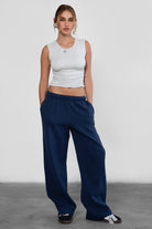 TIC TOC LANI lightweight fleece wide leg sweatpants in midnight blue with reversible side pockets