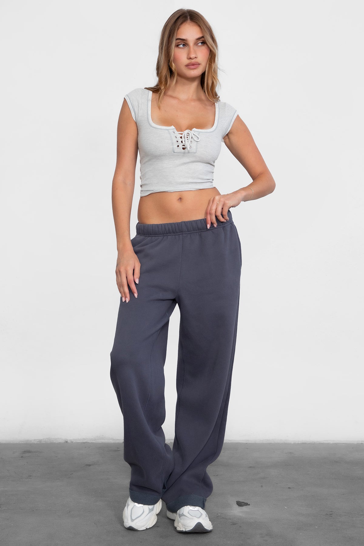 LANI wide-leg joggers in steel grey fleece, featuring elastic waistband and adjustable drawcord