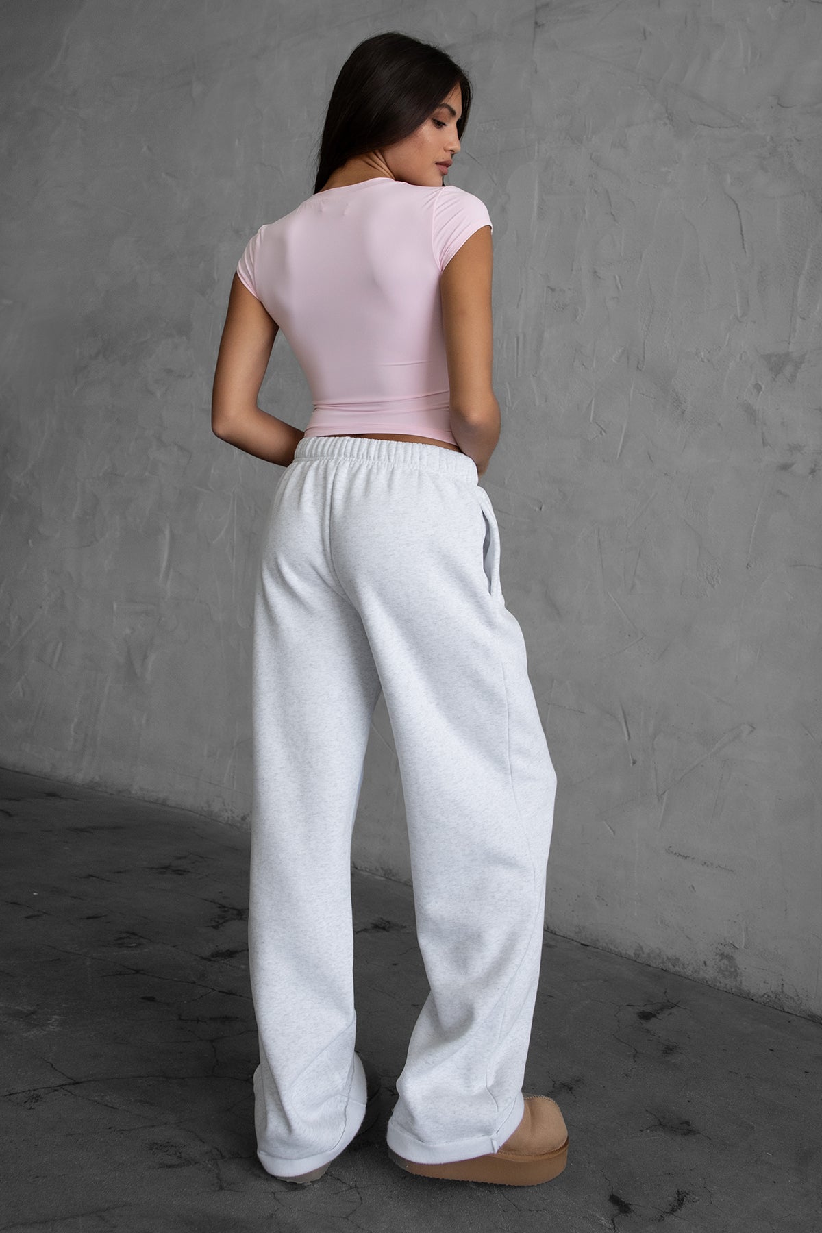 TIC TOC LANI lightweight fleece wide leg sweatpants in ash with reversible side pockets