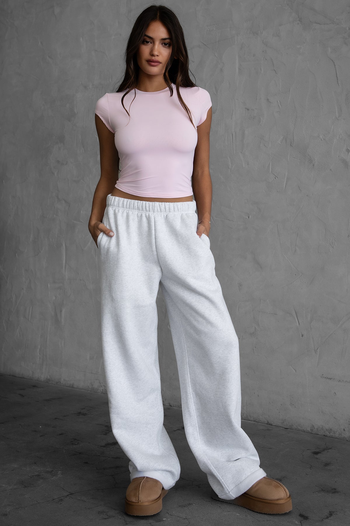 TIC TOC LANI lightweight fleece wide leg sweatpants in ash with reversible side pockets