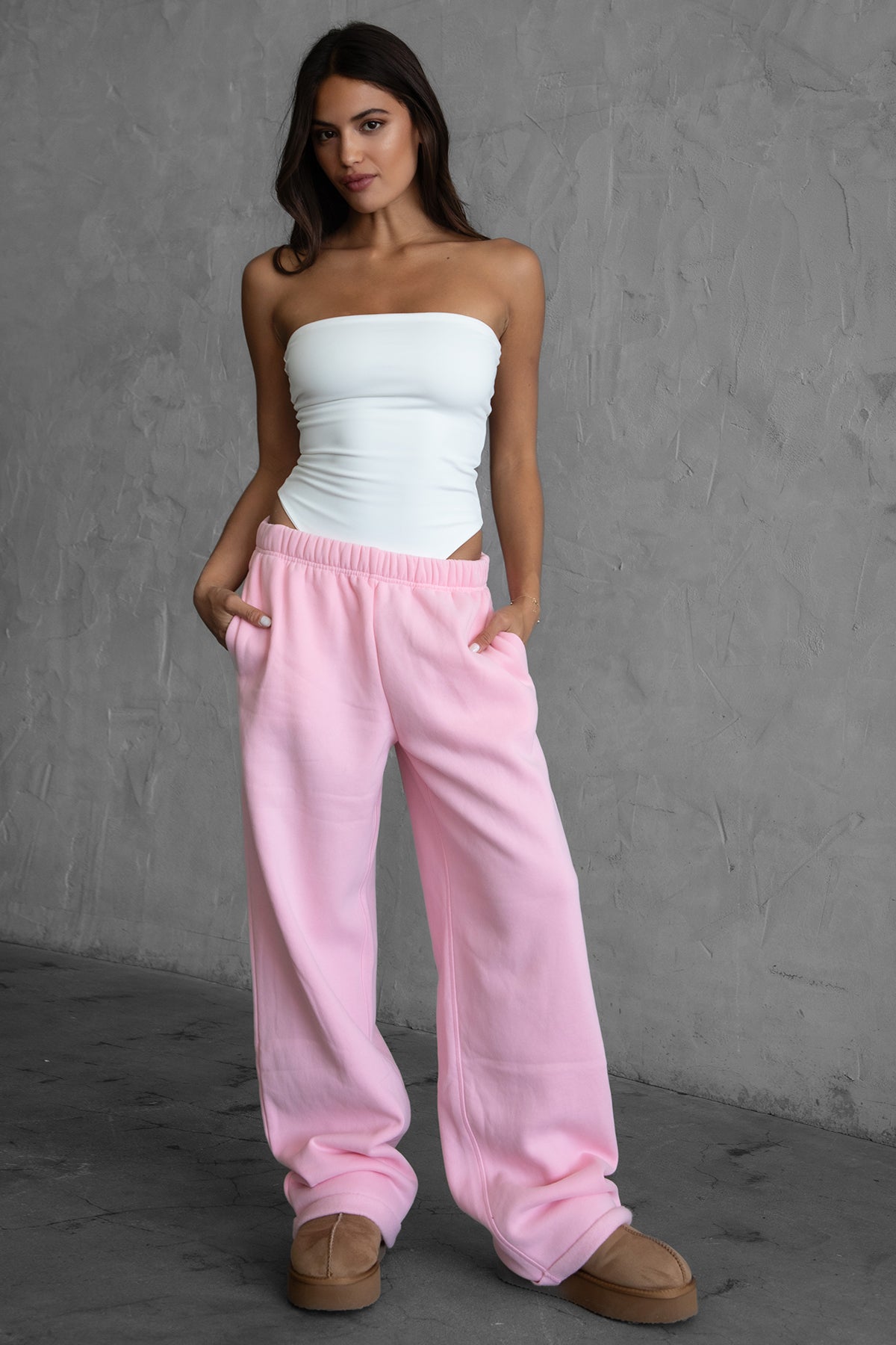 LANI wide-leg joggers in blush fleece, featuring elastic waistband and adjustable drawcord