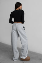 LANI wide-leg joggers in heather grey fleece, featuring elastic waistband and adjustable drawcord