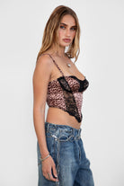 TIC TOC VICKI leopard satin lace corset top with sweetheart neckline