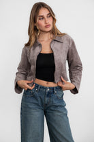 TIC TOC LISSA suede cropped jacket in grey with zip-up pullover design and dropped shoulder