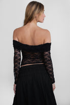 TIC TOC LUCY Stretch Lace Long Sleeve Top in black, off-the-shoulder design