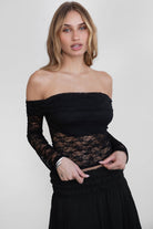 TIC TOC LUCY Stretch Lace Long Sleeve Top in black, off-the-shoulder design