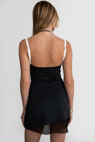 TIC TOC MARYA A-Line mini dress in black with sheer white lace underlining and adjustable straps