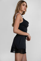 TIC TOC MARYA A-Line mini dress in black with sheer white lace underlining and adjustable straps