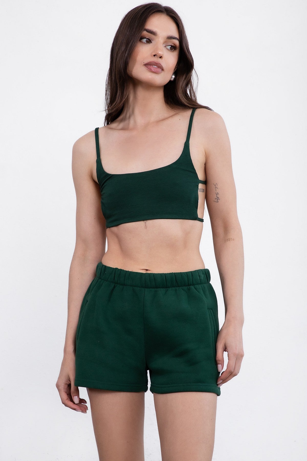 Hunter green lounge set with a cropped cami top and elasticated waistband shorts for comfort by Tic Toc.