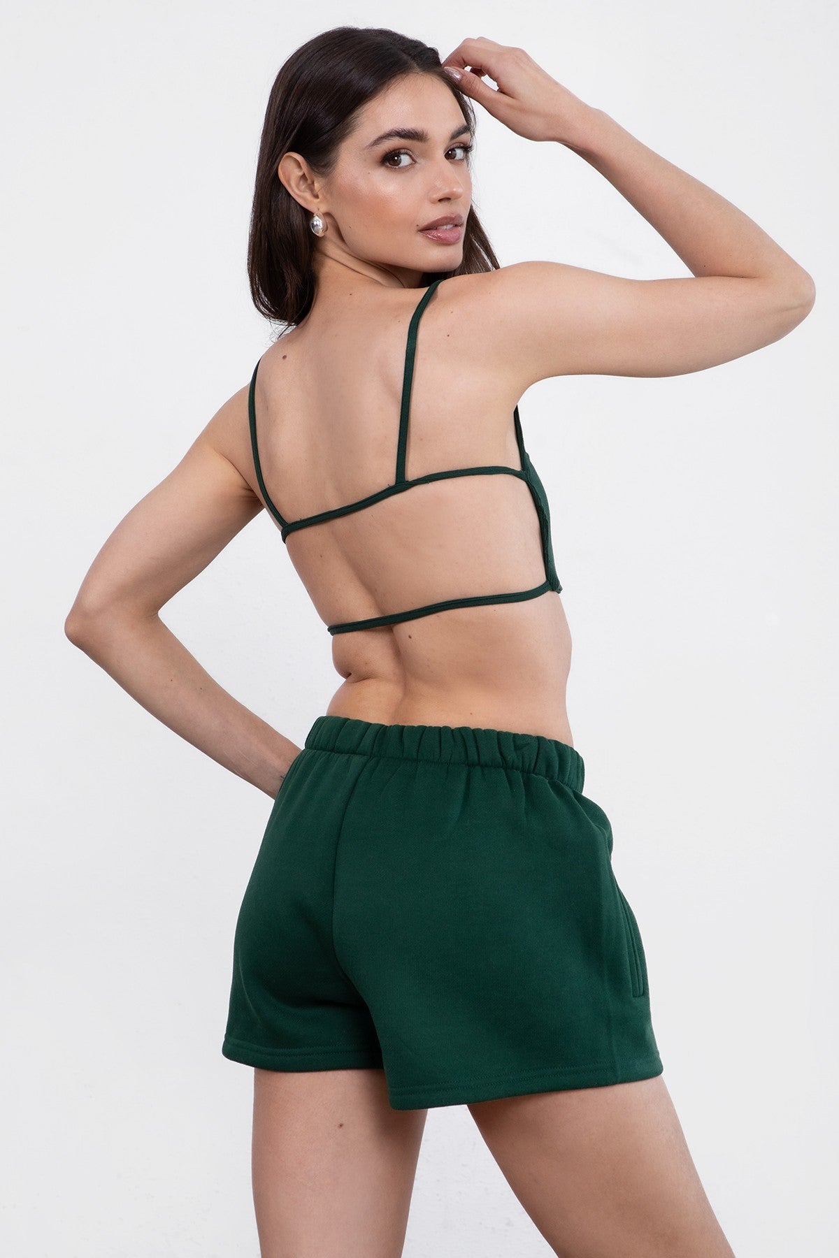 Hunter green lounge set with a cropped cami top and elasticated waistband shorts for comfort by Tic Toc.