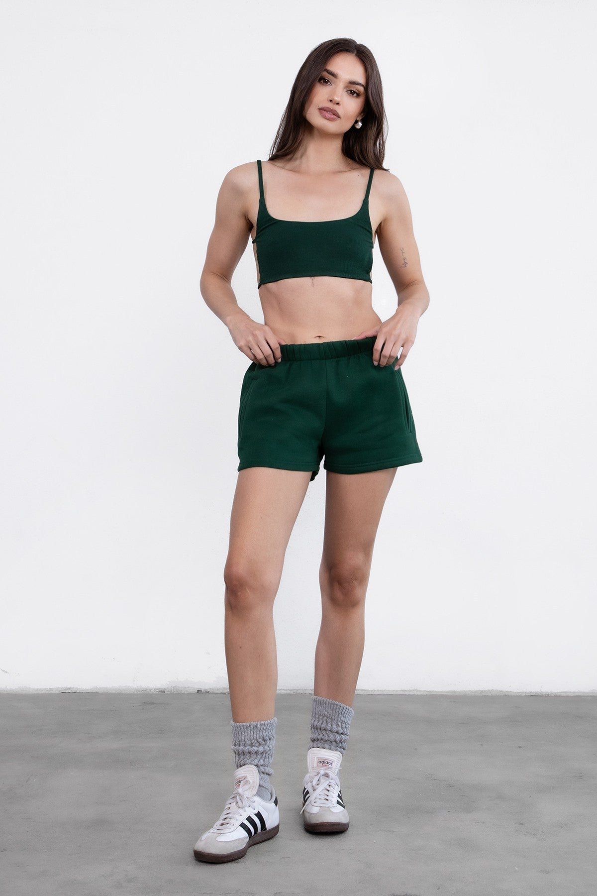 Hunter green lounge set with a cropped cami top and elasticated waistband shorts for comfort by Tic Toc.