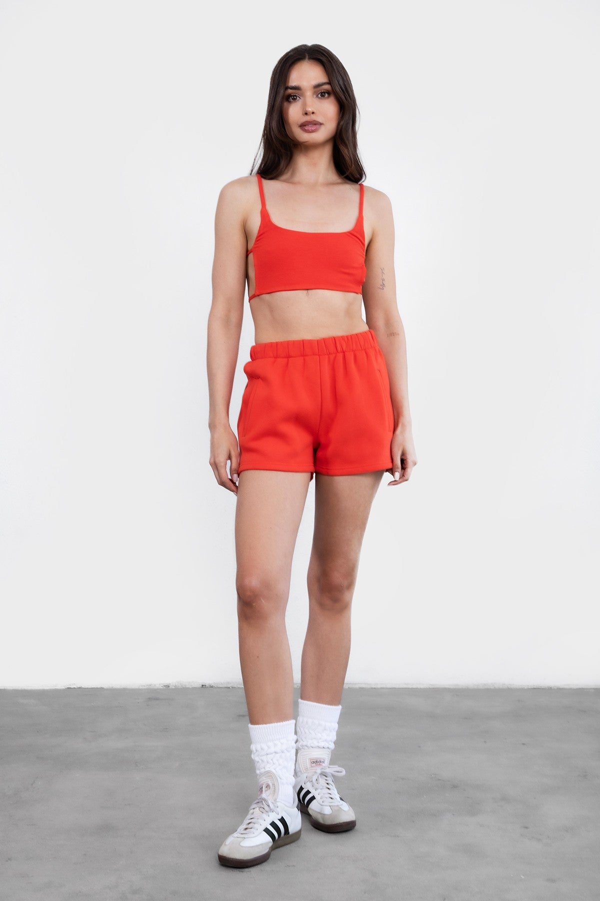  Red fleece set with a scoop neck cami top and high-waisted shorts, perfect for lounging by Tic Toc.