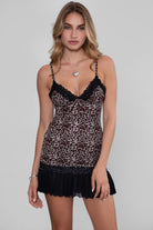 TIC TOC NAOMI leopard bodycon lace mini dress with adjustable straps and satin bow detail