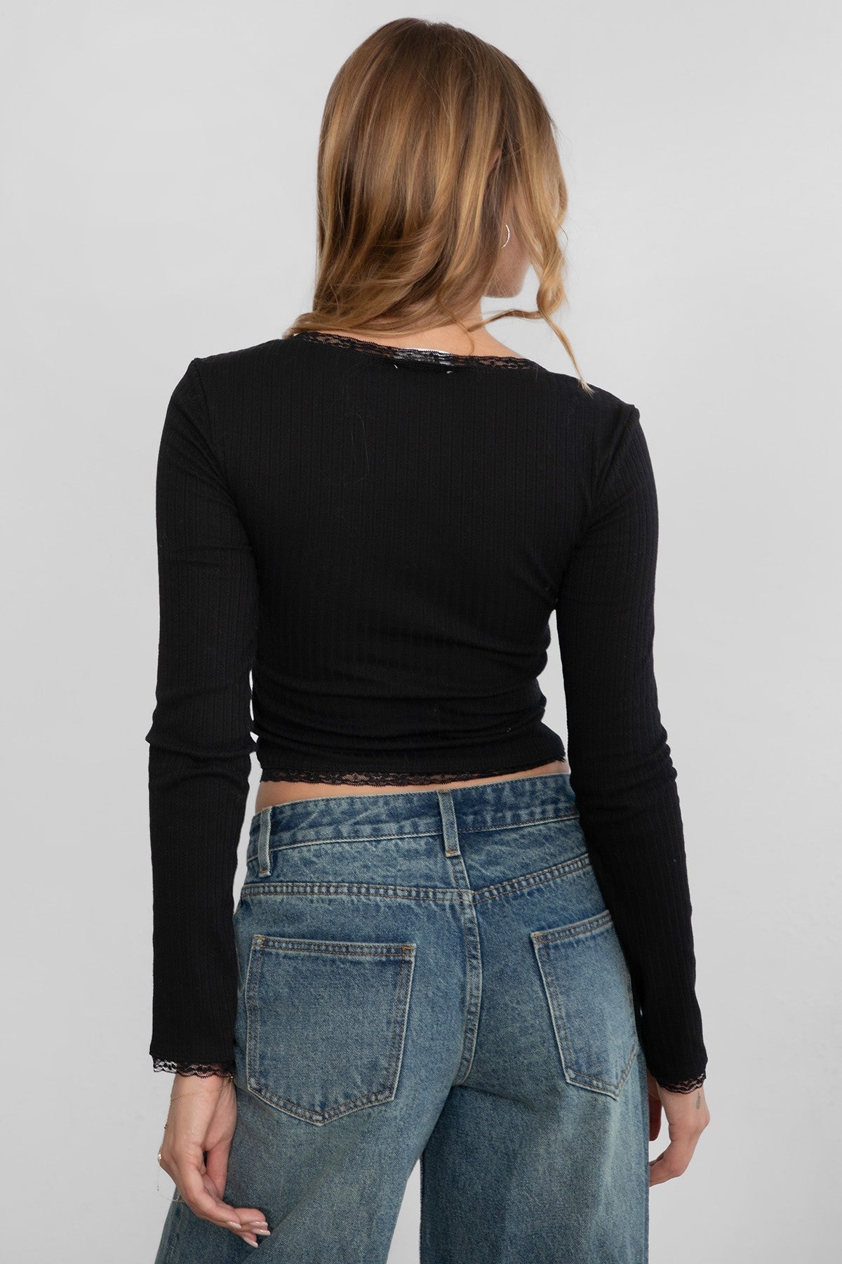 NAYELI Pointelle ribbed long sleeve crop top with adjustable satin drawstrings by Tic Toc