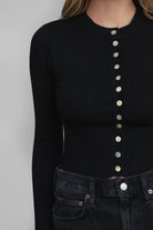 TIC TOC OLIVEE fitted black cardigan with high round neckline and button fastening