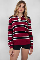 TIC TOC RHODES Striped Polo T-Shirt in red multi with relaxed collar and button-up closure