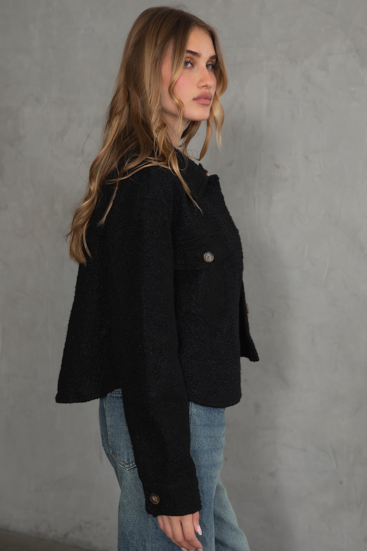 Stylish faux sherpa shacket by TIC TOC in black, perfect for fall layering