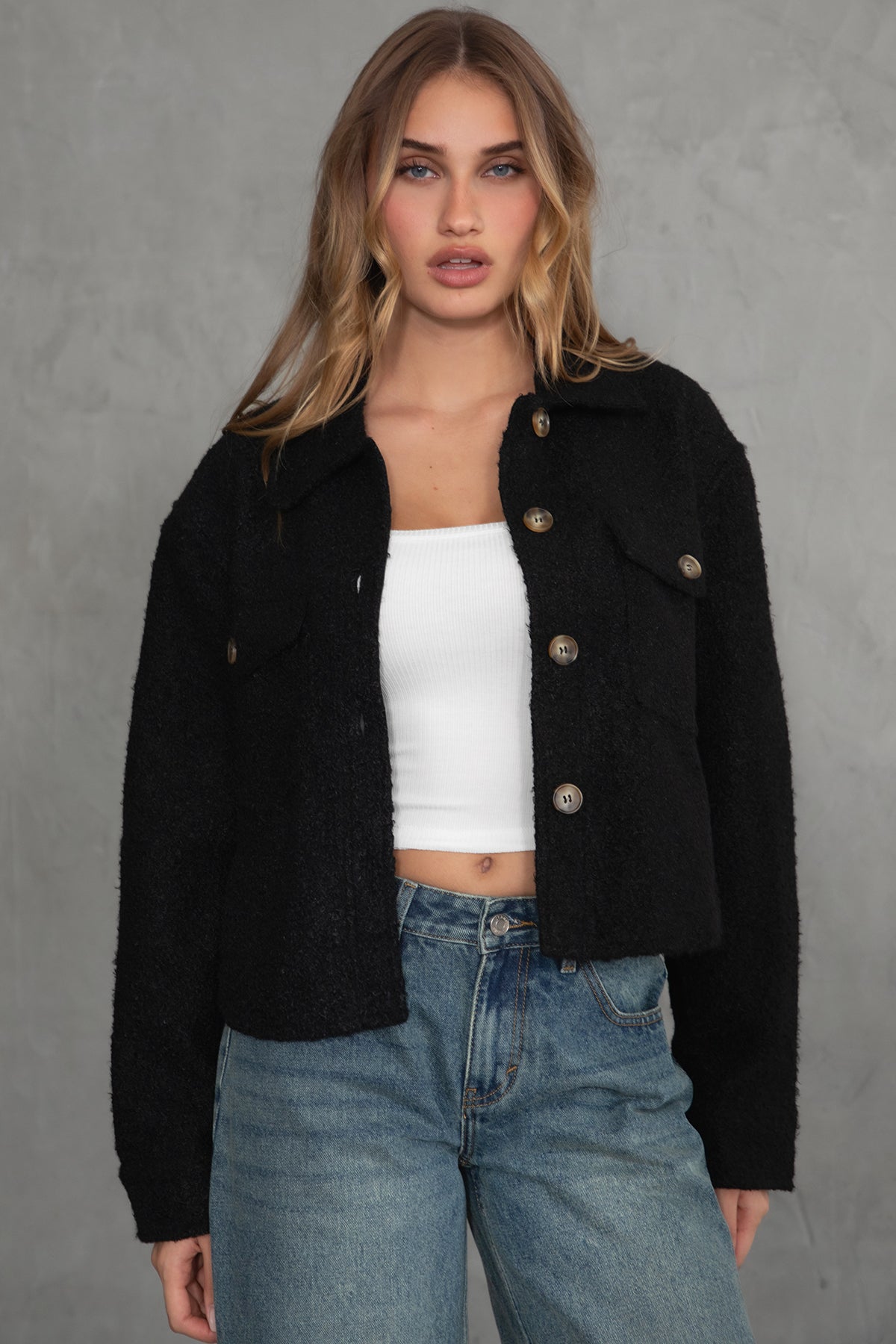 Stylish faux sherpa shacket by TIC TOC in black, perfect for fall layering