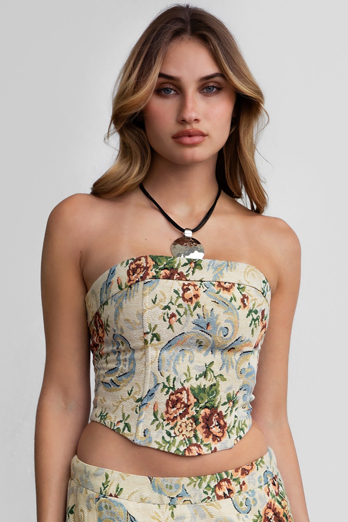 TIC TOC IVIE floral tapestry corset top in strapless bandeau style