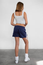 Game day mid-rise fleece shorts in cozy plush fabric with adjustable waistband color navy